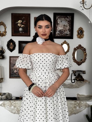 Moda Days Kadın Ekru Puantiyeli Düşük Omuz Balon Kollu Büzgülü Midi Elbise