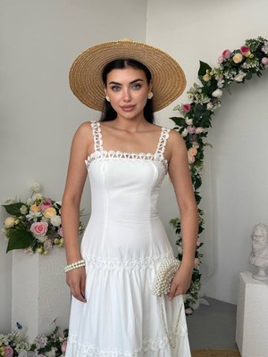 Moda Days Kadın Ekru Midi Elbise Kare Yaka Dantel Askılı Katlı Etek Poplin Dokulu