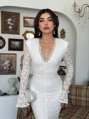 Moda Days Kadın Ekru Dantel V Yaka Uzun Kollu Ispanyol Kol Yırtmaçlı Midi Elbise