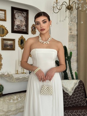 Moda Days Kadın Ekru Straplez Midi Elbise Büzgülü Bel Detaylı Şifon Atlas Abiye