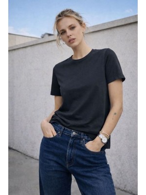 Moda Days Kadın Gri Basic Tişört Bisiklet Yaka Kısa Kollu Düz Süprem Kumaş