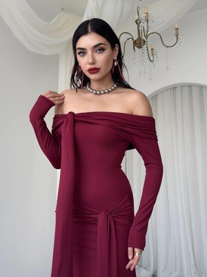 Moda Days Kadın Bordo Uzun Kayık Yaka Drapeli Bağlama Detaylı Uzun Kollu Elbise