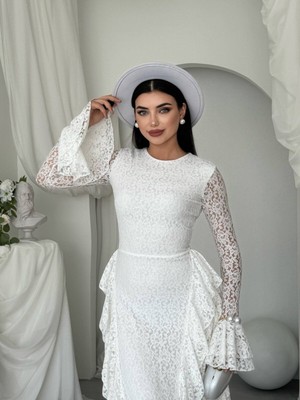 Moda Days Kadın Beyaz Dantel Midi Elbise Bisiklet Yaka Uzun Kollu Volanlı Dar Kesim