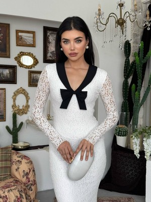 Moda Days Kadın Beyaz Dantel Uzun Elbise V Yaka Fiyonk Detaylı Uzun Kollu