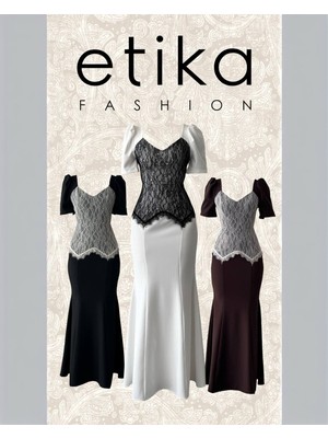 Moda Days Kadın Siyah Midi Elbise Kalp Yaka Dantel Detaylı Balon Kollu Abiye