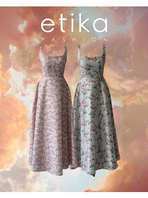 Moda Days Kadın Pembe Midi Elbise Kare Yaka Askılı Çiçek Desenli Kloş Poplin Elbise