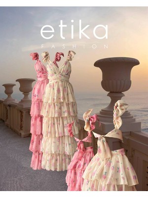Moda Days Kadın Pembe Çiçek Desenli Şifon Sırt Dekolteli Fırfırlı Uzun Elbise