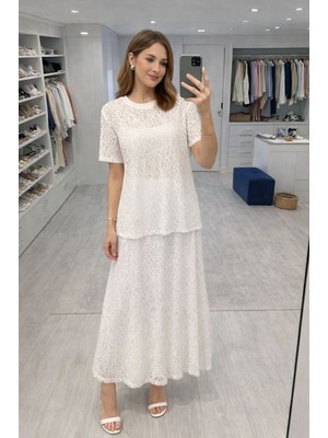 Moda Days Kadın Beyaz Dantel Etek Beli Lastikli Maxi Boy Kloş Kesim Desenli