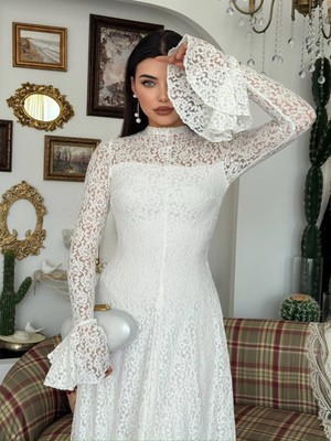 Moda Days Kadın Beyaz Dantel Midi Elbise Dik Yaka Uzun Kollu Volan Manşetli Abiye