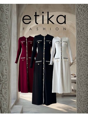 Moda Days Kadın Bordo Midi Elbise Bisiklet Yaka Uzun Kollu Düğme ve Cep Kapak Detaylı
