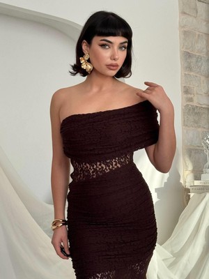 Moda Days Kadın Kahve Straplez Dantel Midi Elbise Büzgülü Transparan Detaylı Balık Kesim