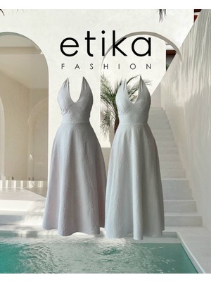 Moda Days Kadın Mavi̇ Si̇m Halter Yaka Bağlamalı Sırt Dekolteli Jakarlı Midi Abiye Elbise
