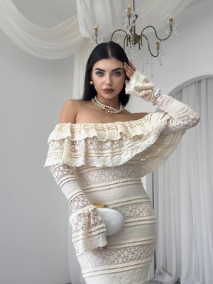 Moda Days Kadın Bej Straplez Uzun Kollu Volanlı Dantel Midi Bodycon Elbise