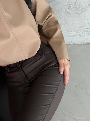 Moda Days Kadın Kahve Yüksek Bel Dar Paça Parlak Dokulu Skinny Jean Pantolon