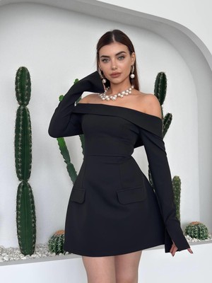 Moda Days Kadın Siyah Mini Elbise Kayık Yaka Uzun Kollu Cepli Mini Atlas Elbise