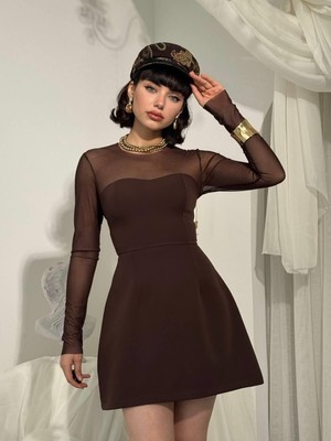 Moda Days Kadın Kahve Mini Elbise Transparan Tül Uzun Kollu A Kesim Davet Stili