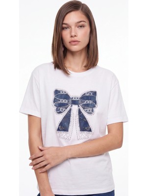 Cemo Denim Fiyonk Baskılı Taş Detaylı T-Shirt