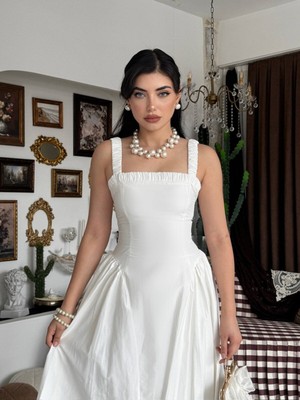 Moda Days Kadın Ekru Midi Elbise Kare Yaka Büzgülü Askılı Fitilli Bel Detaylı