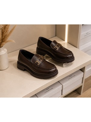 Zenora-Shoes Kadın Tokalı Loafer Makosen Kırışık Kahve Kalın Tabanlı Ayakkabı