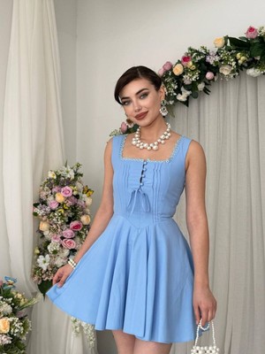 Moda Days Kadın Bebe Mavi̇si̇ Mini Elbise Kare Yaka Dantel Detaylı Düğmeli Kolsuz Poplin