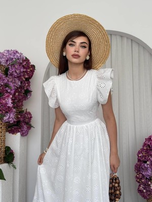 Moda Days Kadın Beyaz Midi Elbise Fisto Işlemeli Fırfır Kollu Beli Büzgülü Volanlı