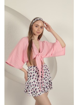 Moda Days Kadın Fuşya Çiçek Desenli Burumcuk Dokulu Beli Lastikli Fırfırlı Mini Şort Etek