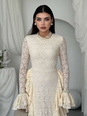 Moda Days Kadın Bej Dantel Midi Elbise Bisiklet Yaka Uzun Kollu Volanlı Dar Kesim
