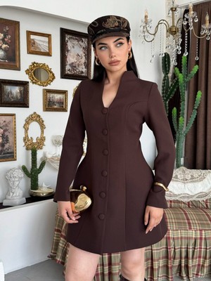 Moda Days Kadın Kahve Ceket Elbise Düğmeli V Yaka Uzun Kollu Mini Slim Fit Dokuma
