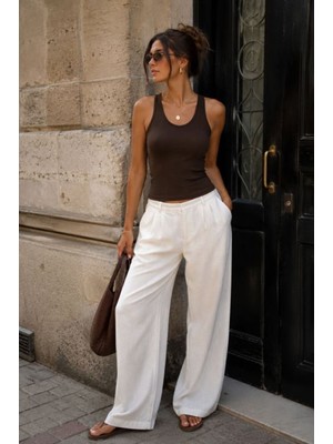 Moda Days Kadın Kahve Ribana Dokulu U Yaka Slim Fit Kolsuz Standart Boy Atlet