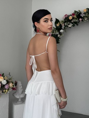 Moda Days Kadın Beyaz Midi Elbise V Yaka Ip Askılı Sırt Dekolteli Volanlı Şifon