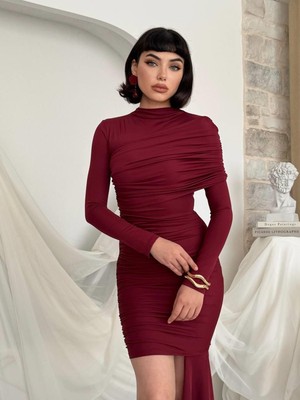 Moda Days Kadın Bordo Mini Elbise Drapeli Büzgülü Uzun Kollu Yüksek Yaka Vücuda Oturan