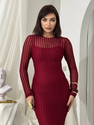 Moda Days Kadın Bordo Uzun Kollu Bisiklet Yaka Çizgili Tül Detaylı Midi Elbise