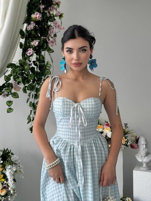 Moda Days Kadın Mavi̇ Askılı Ekose Poplin Kalp Yaka Düğmeli Bağlama Detaylı Maxi Elbise