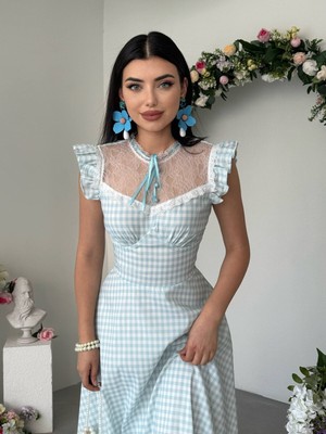 Moda Days Kadın Mavi̇ Midi Elbise Ekose Desenli Dantel Yakalı Fırfır Kollu Volanlı