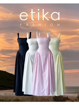 Moda Days Kadın Sari Midi Elbise Kare Yaka Büzgülü Askılı Fitilli Bel Detaylı