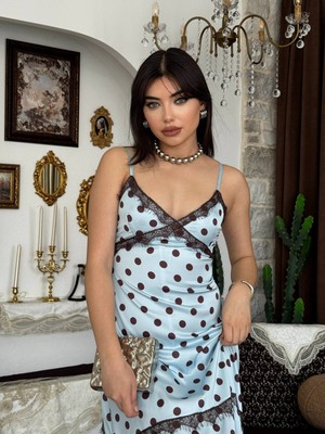 Moda Days Kadın Mavi̇ Ip Askılı Puantiyeli Dantel Detaylı V Yaka Saten Maxi Slip Elbise