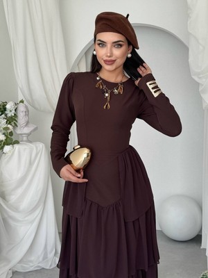 Moda Days Kadın Kahve Uzun Kollu Bisiklet Yaka Sırt Bağcıklı Kat Kat Şifon Midi Elbise