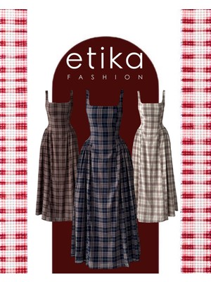 Moda Days Kadın Ekru Ekose Askılı Kare Yaka Beli Oturan Midi Boy Kloş Elbise