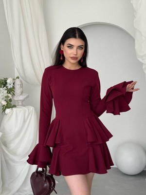 Moda Days Kadın Bordo Volanlı Mini Elbise Bisiklet Yaka Uzun Kollu Peplum Kesim