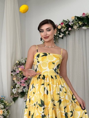 Moda Days Kadın Sari Askılı Limon Desenli Kare Yaka Büzgülü Katlı Midi Elbise