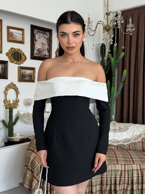 Moda Days Kadın Siyah Mini Elbise Kayık Yaka Uzun Kollu Kontrast Yakalı A Kesim