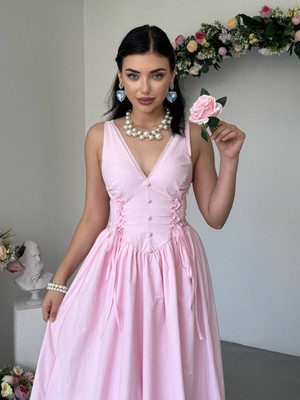 Moda Days Kadın Pembe Maxi V Yaka Düğmeli Yan Bağcıklı Kolsuz Poplin Elbise