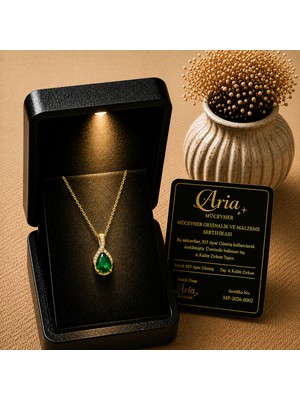 Eva's Jewellery Diamonds Damla Zümrüt Kolye Işıklı Hediye Kutulu ve Sertifikalı, 18 Ayar Altın Kaplama, 925 Ayar Gerçek Gümüş
