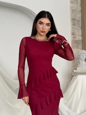 Moda Days Kadın Bordo Şifon Kayık Yaka Uzun Kollu Asimetrik Fırfırlı Midi Elbise