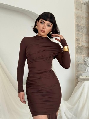 Moda Days Kadın Kahve Mini Elbise Drapeli Büzgülü Uzun Kollu Yüksek Yaka Vücuda Oturan