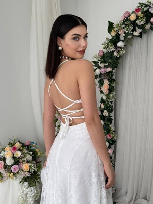 Moda Days Kadın Ekru Askılı Sırtı Bağlamalı Kare Yaka Dantel Uzun Abiye Elbise