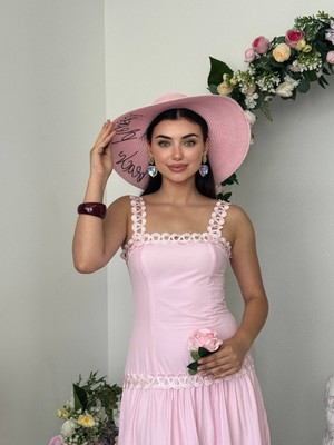 Moda Days Kadın Pembe Midi Elbise Kare Yaka Dantel Askılı Katlı Etek Poplin Dokulu