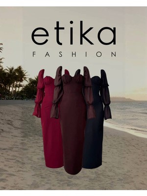 Moda Days Kadın Kahve Midi Elbise Kalp Yaka Büzgülü Göğüs Detaylı Şifon Balon Kollu