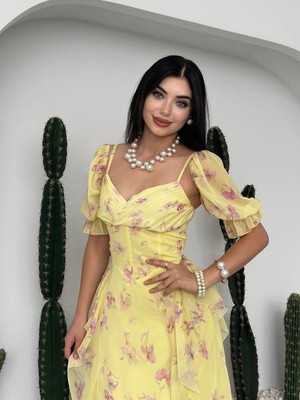Moda Days Kadın Sari Çiçek Desenli Şifon Kalp Yaka Büzgülü Volanlı Midi Elbise