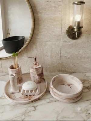 Trust Stone 6'lı Mermer Desen Beton Banyo Seti ,sıvı Sabunluk Diş Fırçalığı Aksesuar Takımi,havluluk,tepsi